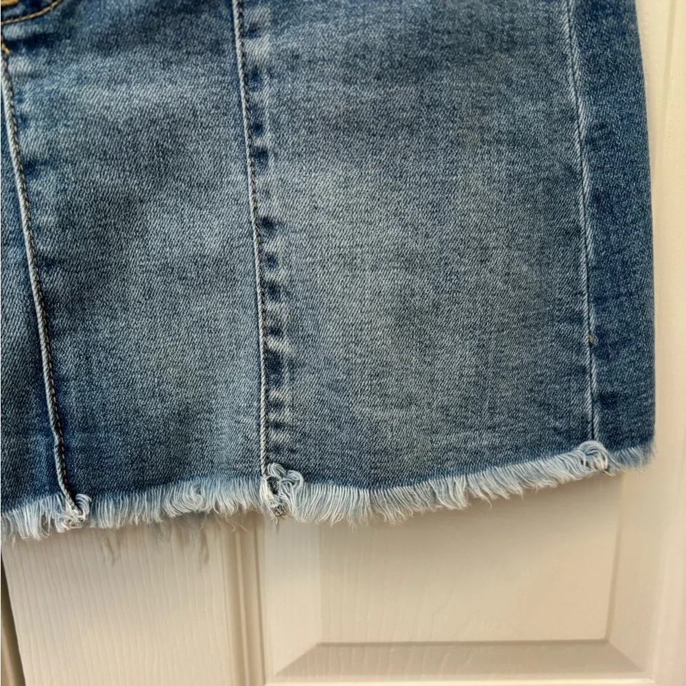 Altar’d State Cotton Blend Front Button Up Jean Shirt with Distressed Bottom